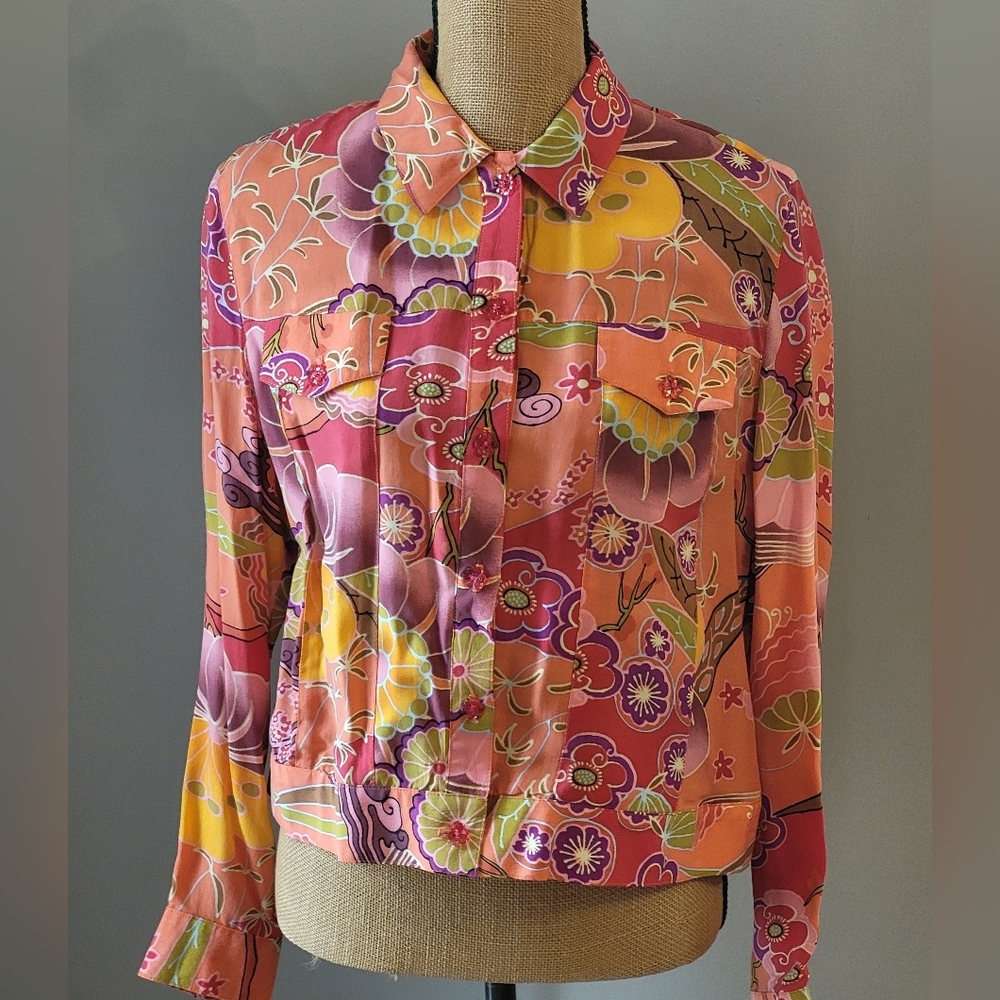 FL Malik Medium Orange And Pink Floral Cupra Cropped Blouse - Picture 4 of 8